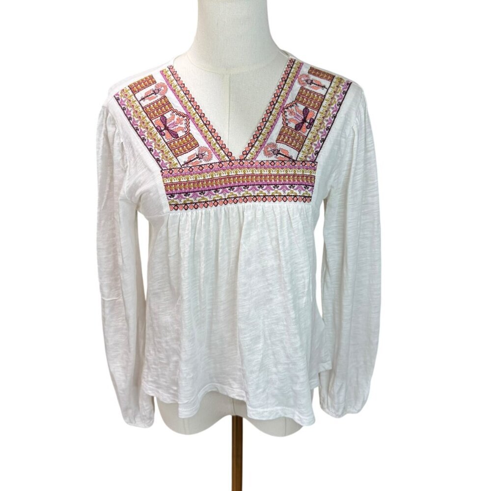 Lucky Brand Women's Embroidered V-Neck 3/4-Sleeve Peasant Top. SZ:S